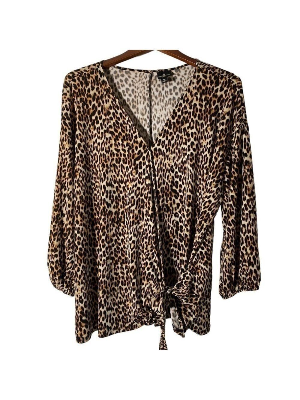 Worthington Women’s Wrap Top Sz OX Animal Print Stretch Elastic Wrist Front tie